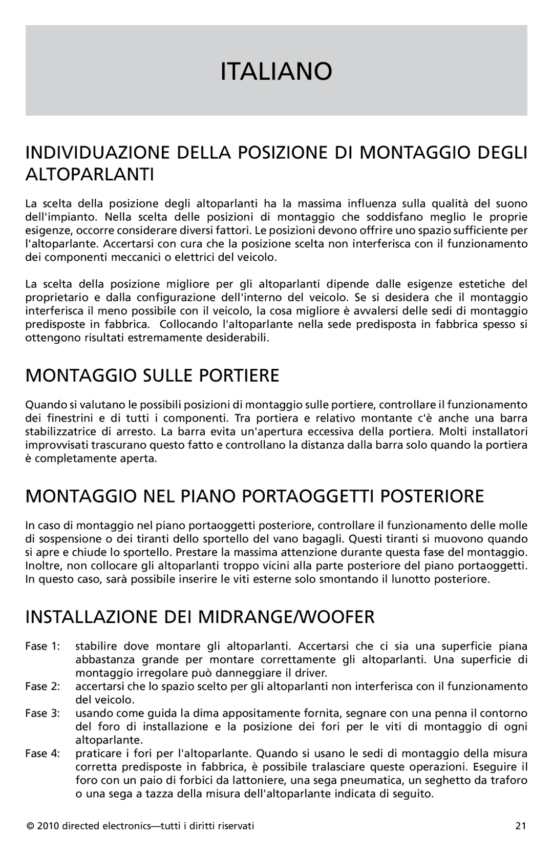 Orion Car Audio HCCA62, HCCA52 owner manual Italiano, Montaggio Sulle Portiere, Montaggio NEL Piano Portaoggetti Posteriore 