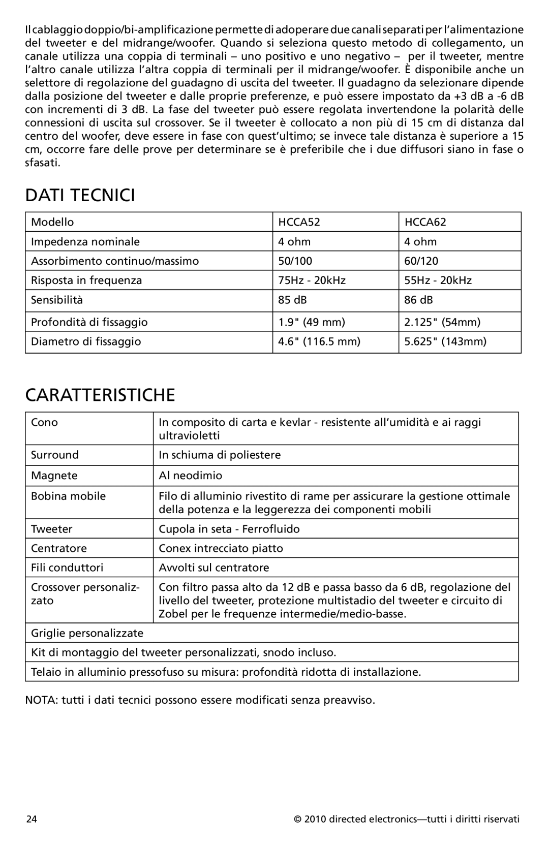 Orion Car Audio HCCA52, HCCA62 owner manual Dati Tecnici, Caratteristiche 