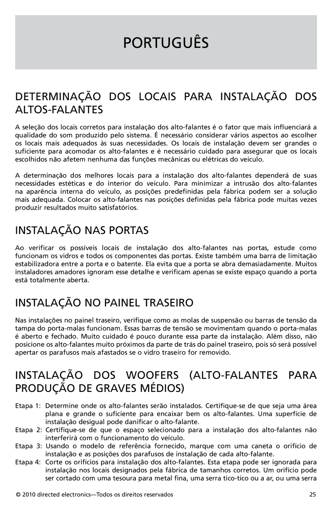 Orion Car Audio HCCA62 Português, Determinação DOS Locais Para Instalação DOS ALTOS-FALANTES, Instalação NAS Portas 