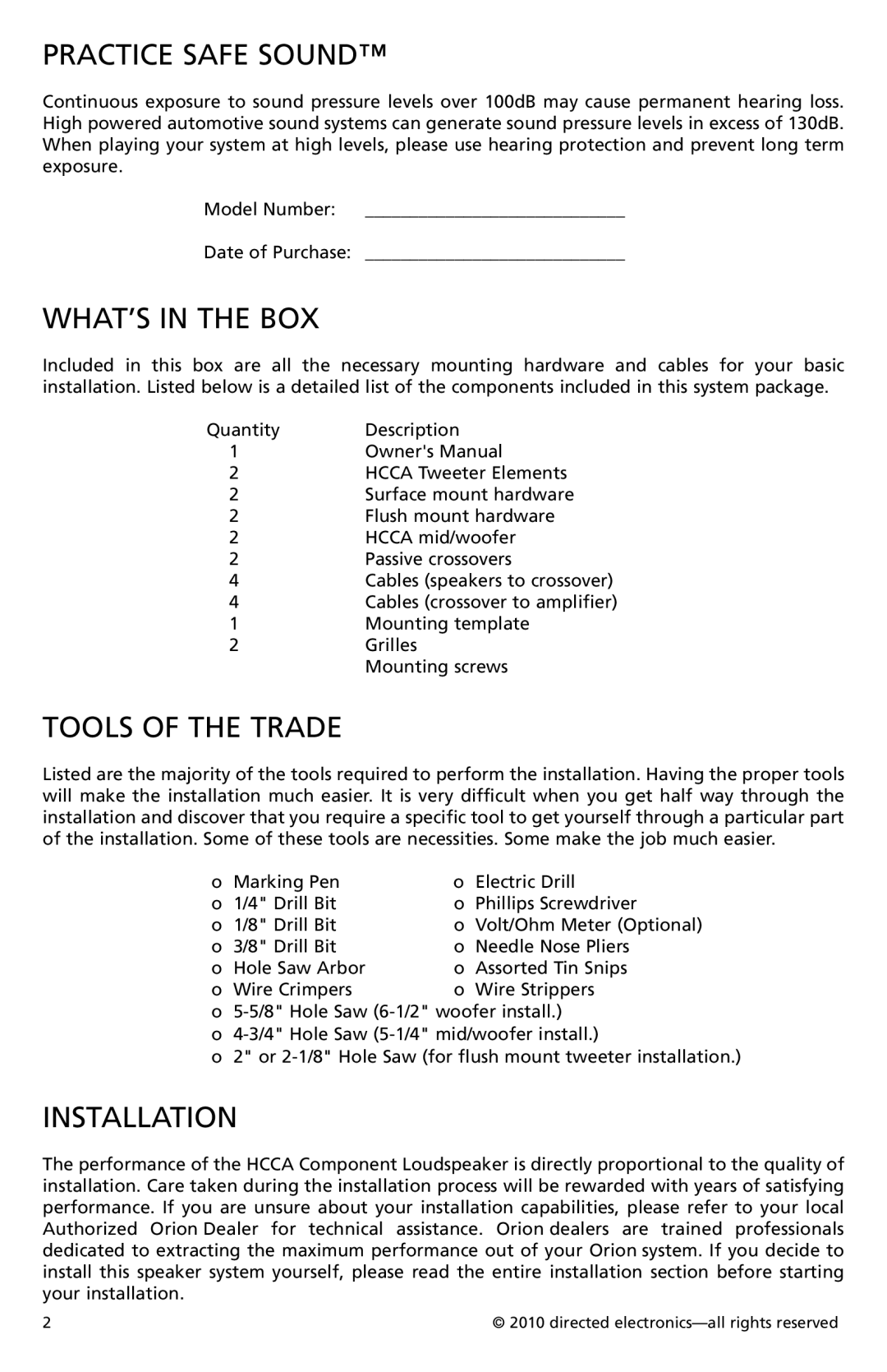 Orion Car Audio HCCA52, HCCA62 owner manual Practice Safe Sound, What’s in the Box, Tools of the Trade, Installation 