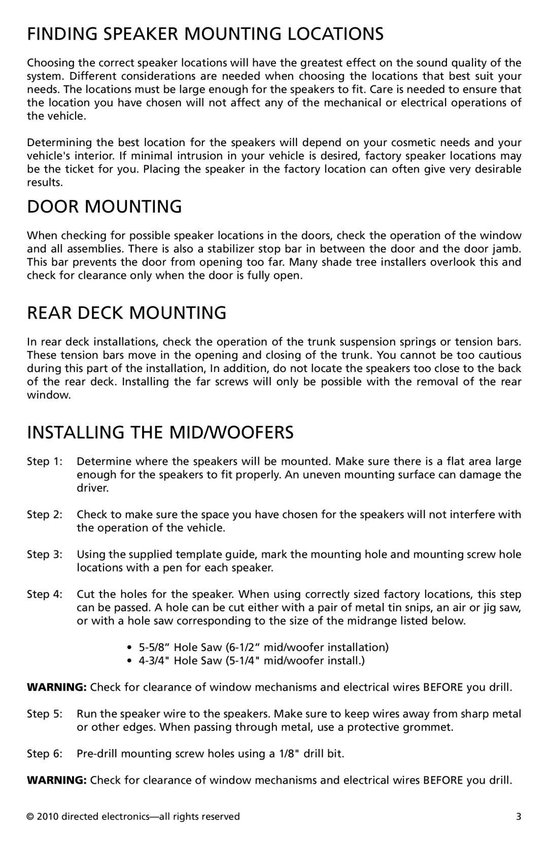 Orion Car Audio HCCA62 Finding Speaker Mounting Locations, Door Mounting, Rear Deck Mounting, Installing the Mid/Woofers 