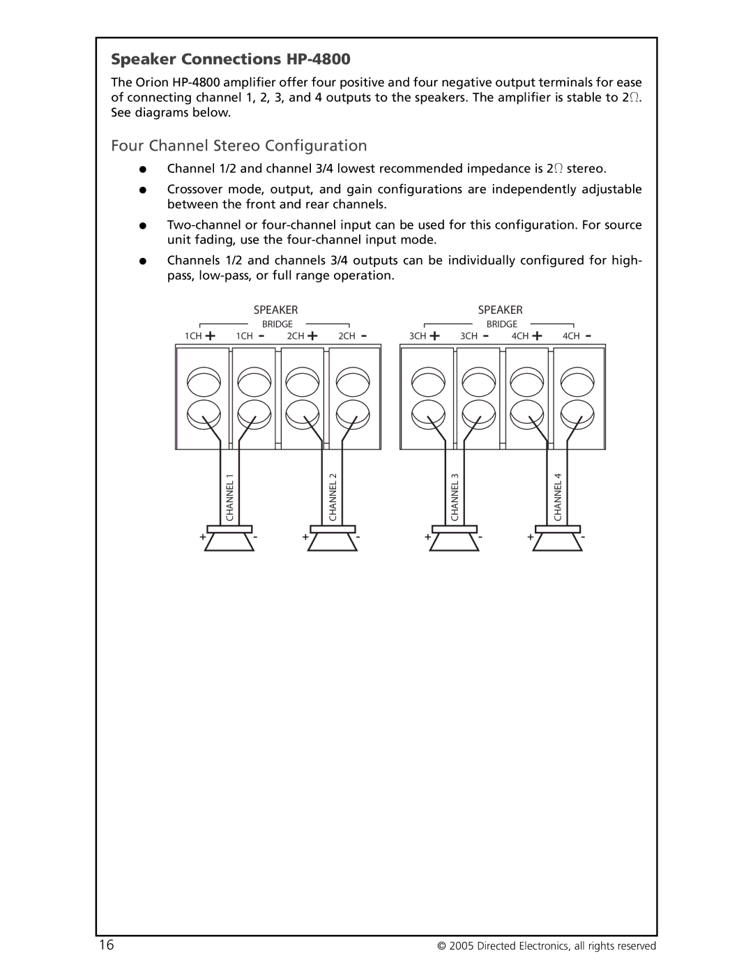 Orion Car Audio HP-2800 manual Speaker Connections HP-4800, Four Channel Stereo Configuration 