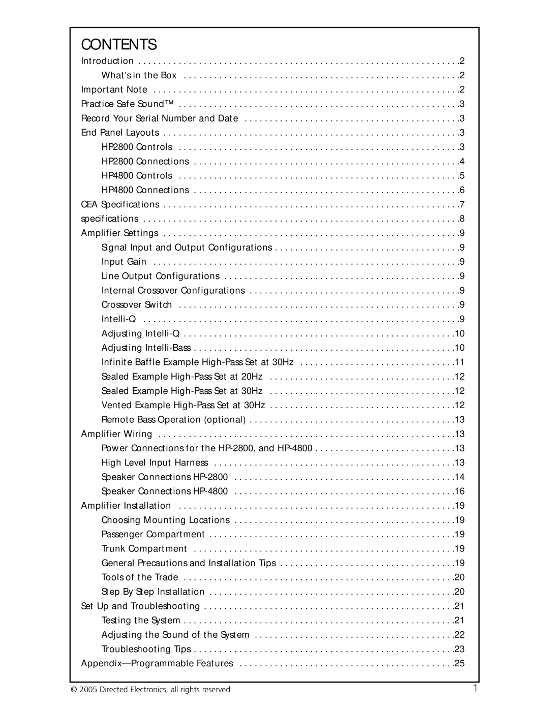 Orion Car Audio HP-2800, HP-4800 manual Contents 