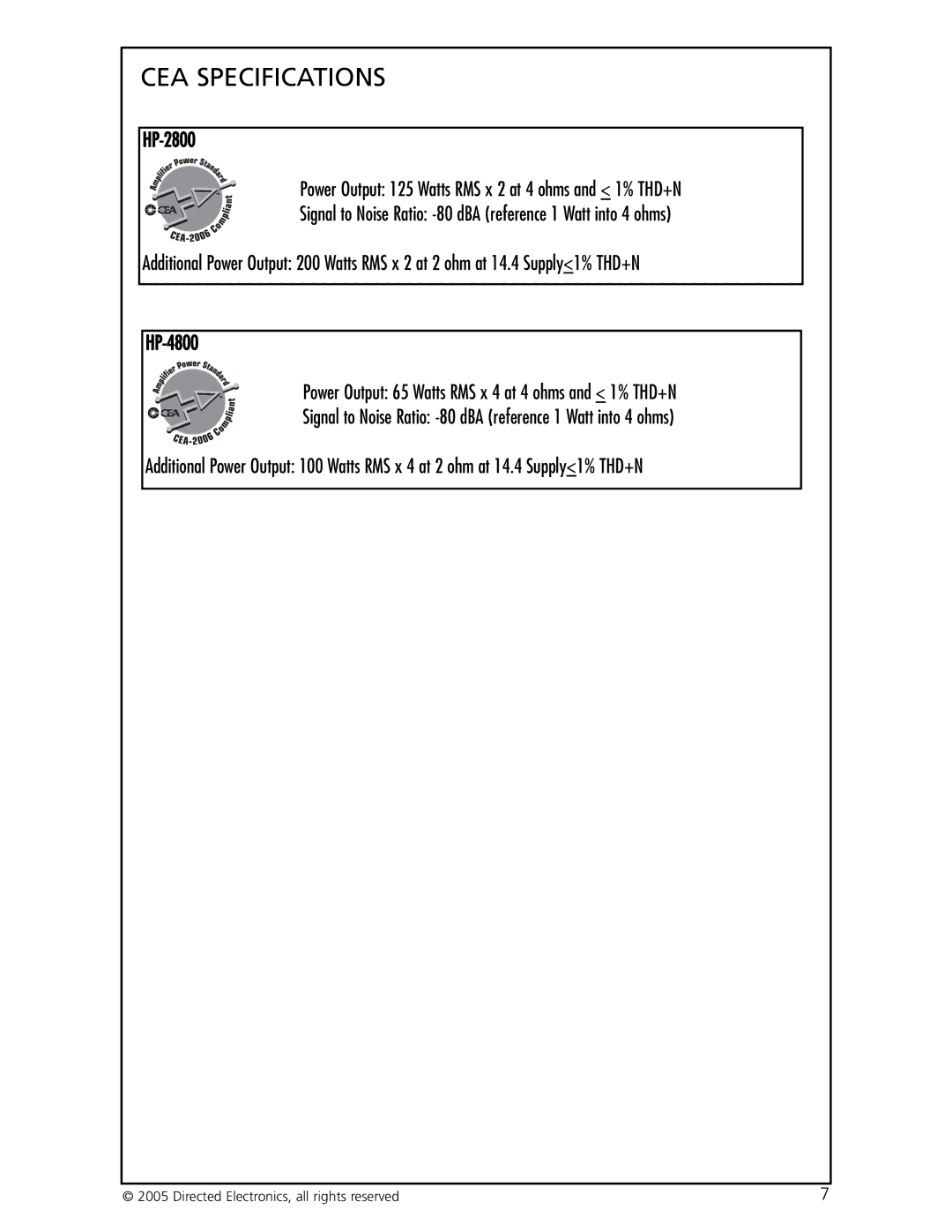 Orion Car Audio HP-2800, HP-4800 manual CEA Specifications 