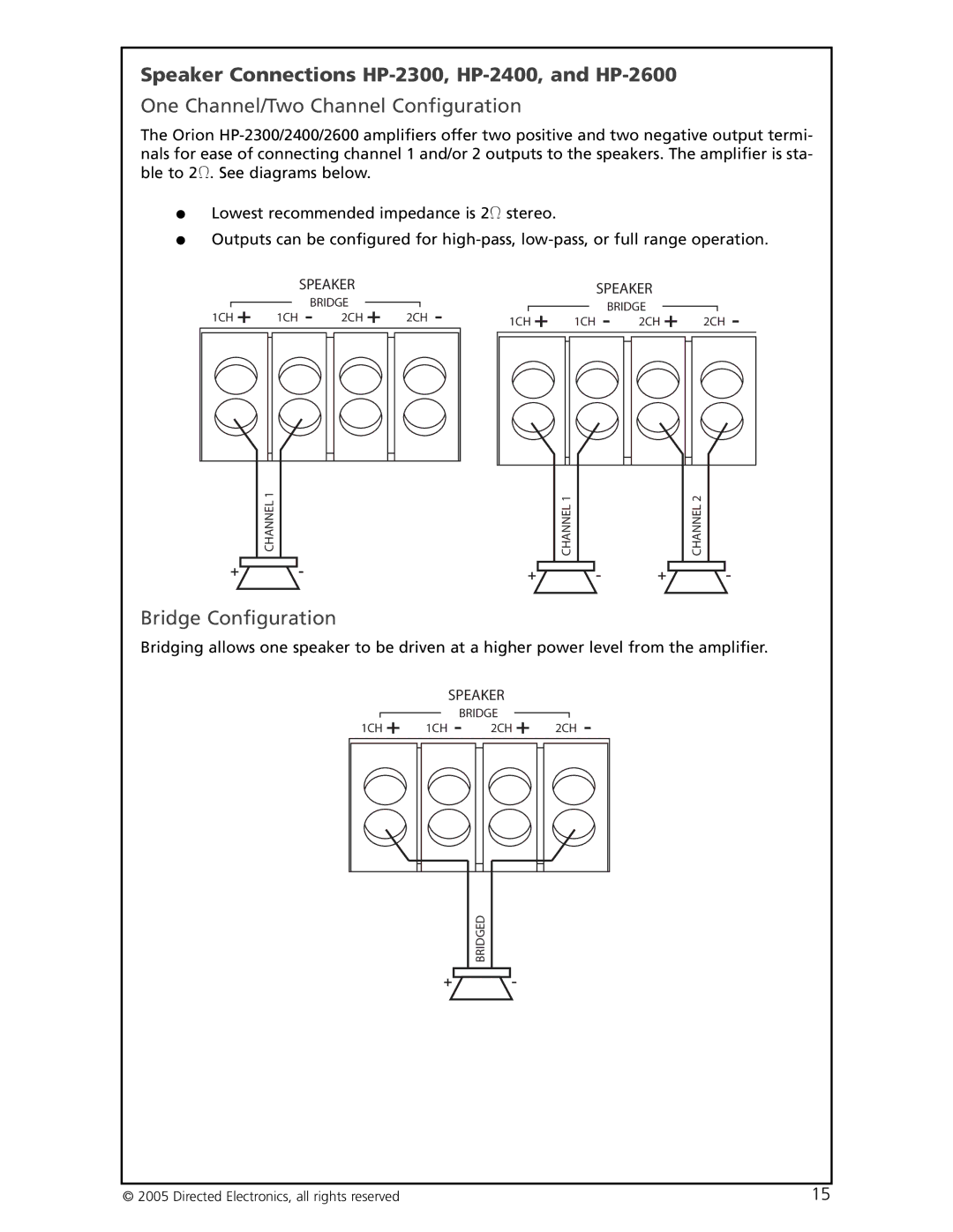 Orion Car Audio HP-4600 manual Speaker Connections HP-2300, HP-2400, and HP-2600, One Channel/Two Channel Configuration 