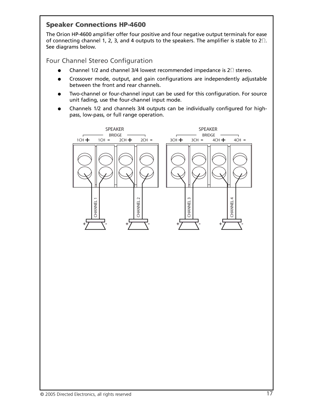 Orion Car Audio HP-2400, HP-2300, HP-2600 manual Speaker Connections HP-4600, Four Channel Stereo Configuration 