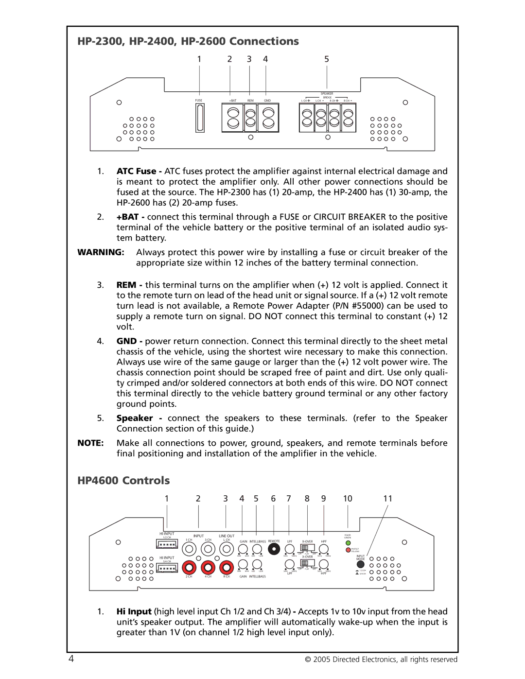 Orion Car Audio HP-4600 manual HP-2300, HP-2400, HP-2600 Connections, HP4600 Controls 