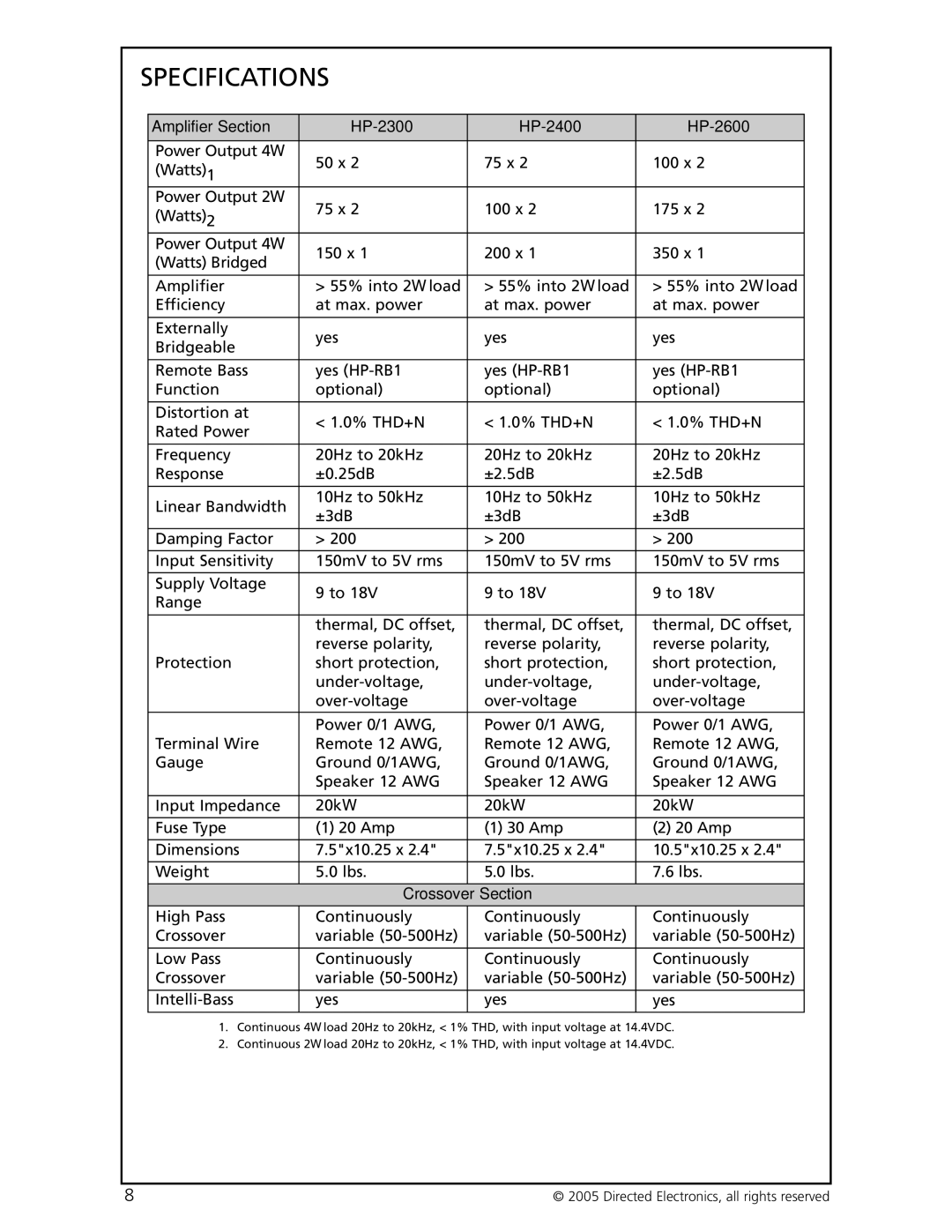 Orion Car Audio HP-4600 manual Specifications, Amplifier Section HP-2300 HP-2400 HP-2600 