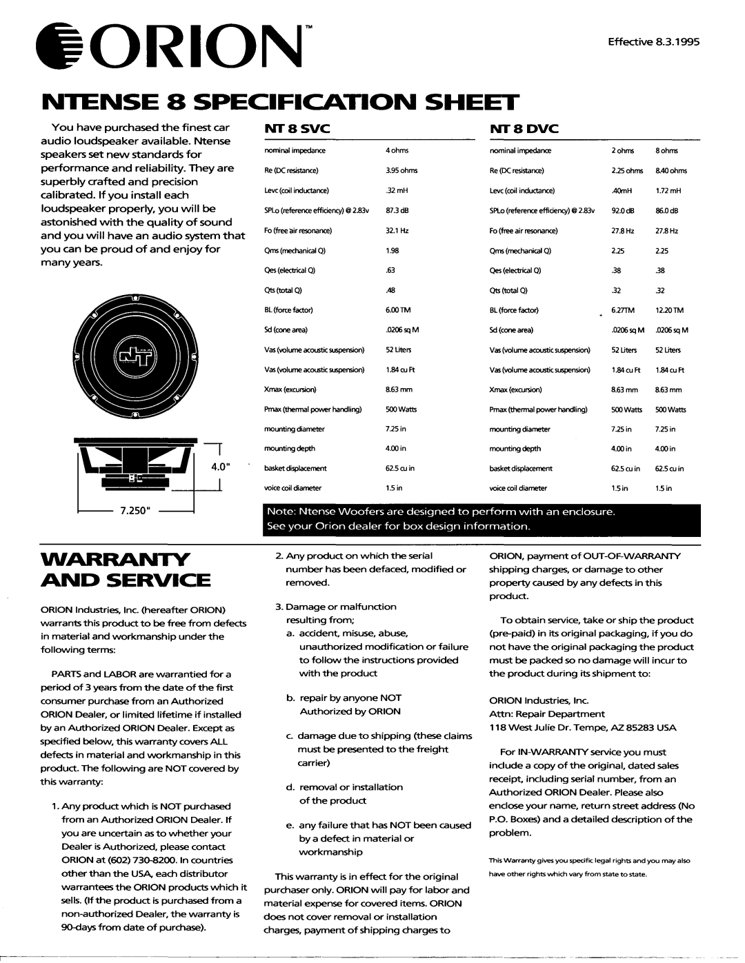 Orion Car Audio NT8 DVC, NT8 SVC manual 