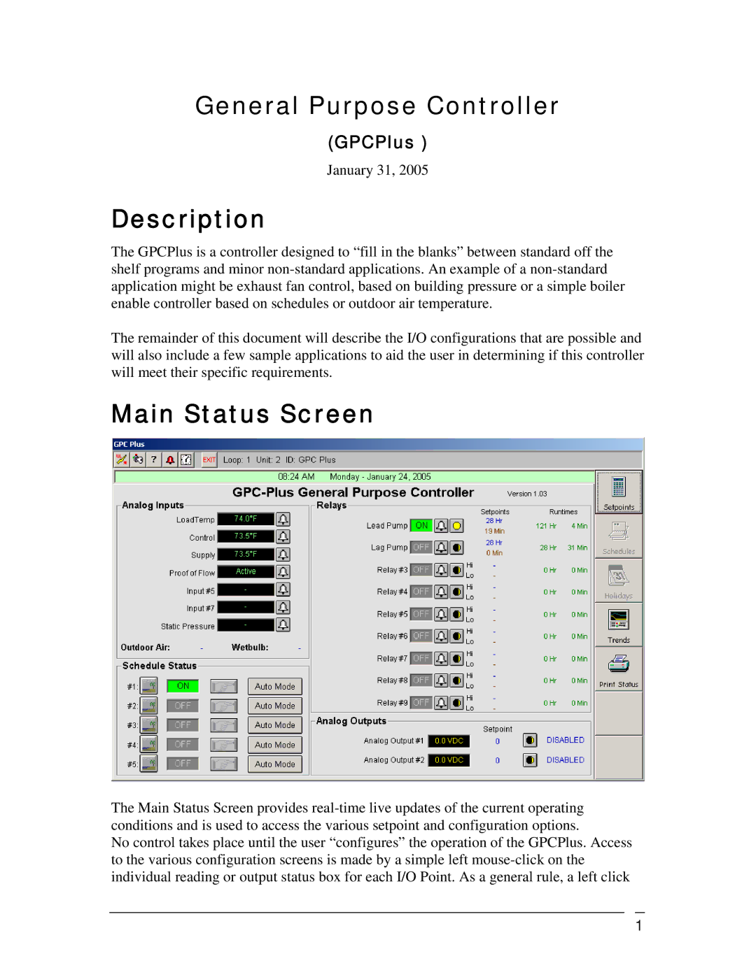 Orion Car Audio OE331-21 manual General Purpose Controller, Description, Main Status Screen 