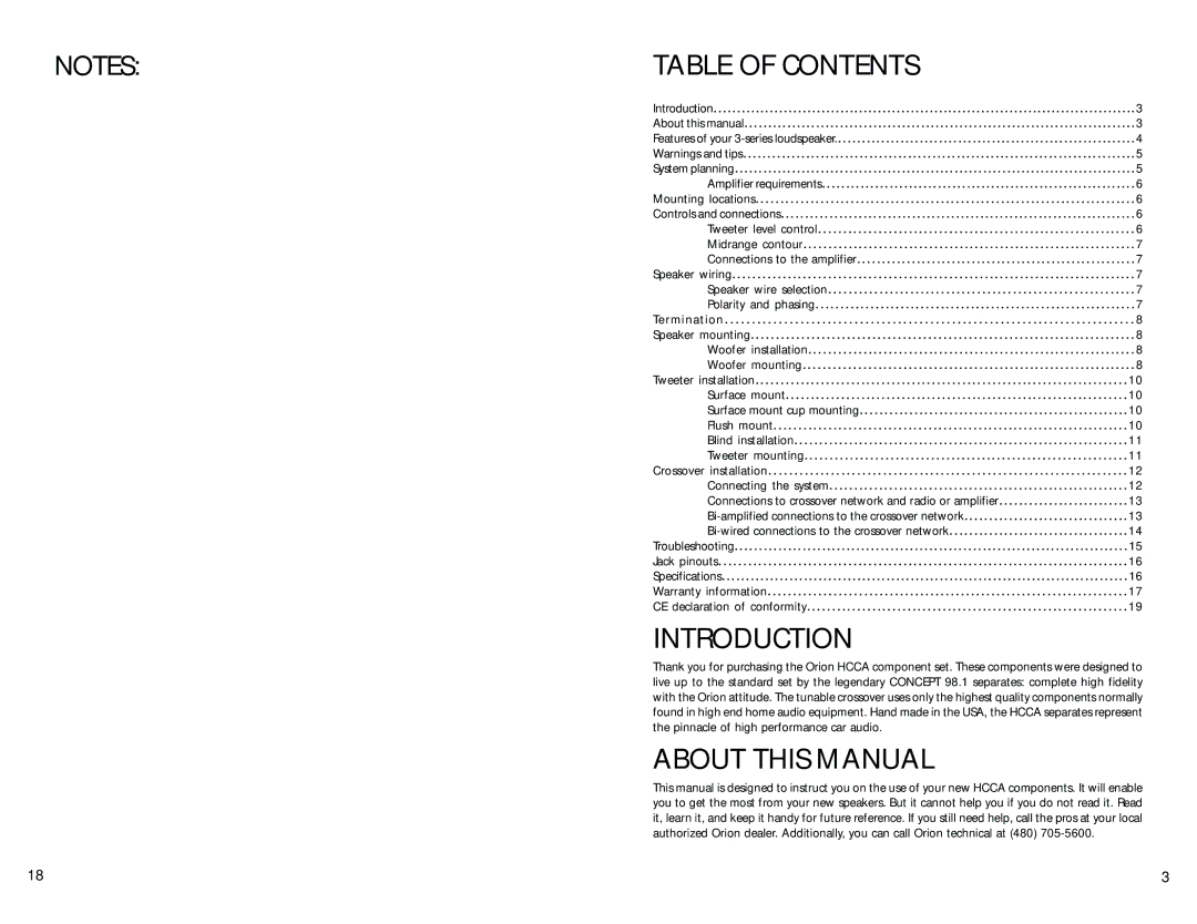 Orion Car Audio Orion HCCA Competition manual Table of Contents, Introduction, About this Manual 