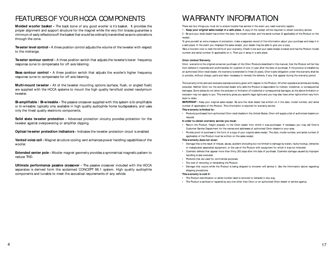 Orion Car Audio Orion HCCA Competition manual Warranty Information, Features of Your Hcca Components 