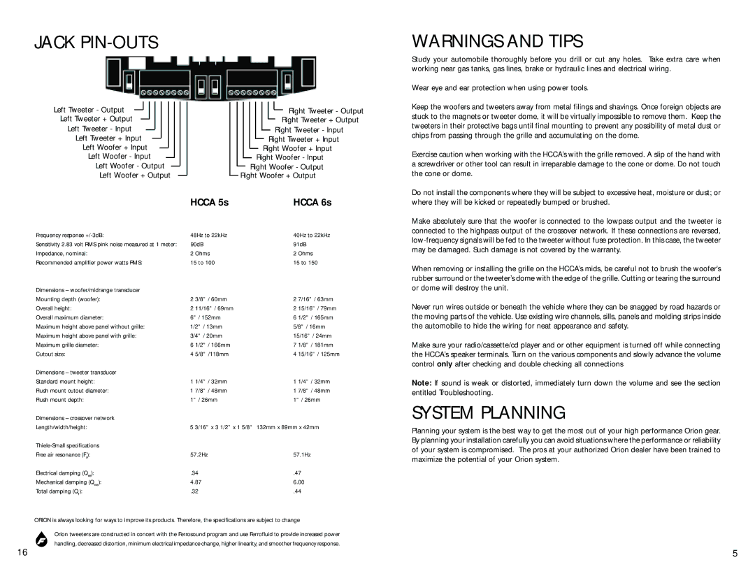 Orion Car Audio Orion HCCA Competition manual Jack PIN-OUTS, System Planning, Hcca 5s Hcca 6s 