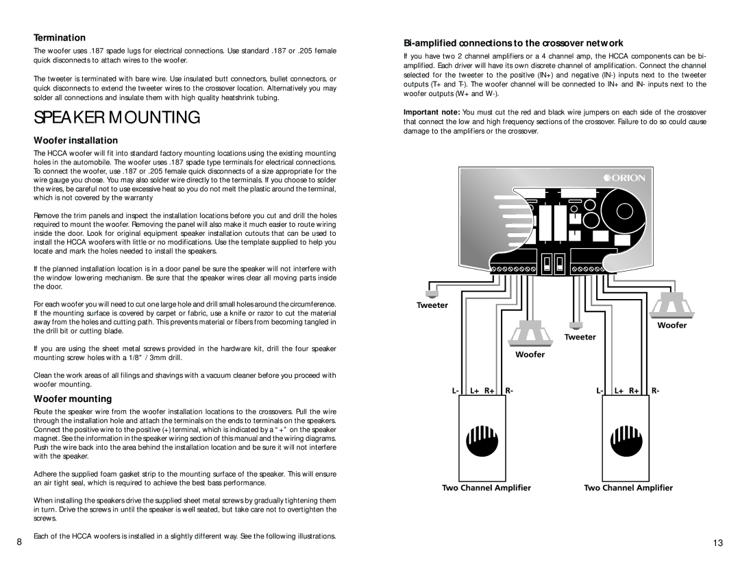 Orion Car Audio Orion HCCA Competition manual Speaker Mounting, Termination, Woofer installation, Woofer mounting 