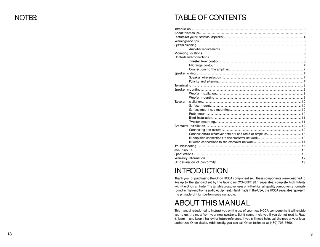 Orion Car Audio Orion HCCA Competition manual Table Of Contents, Introduction, About This Manual 