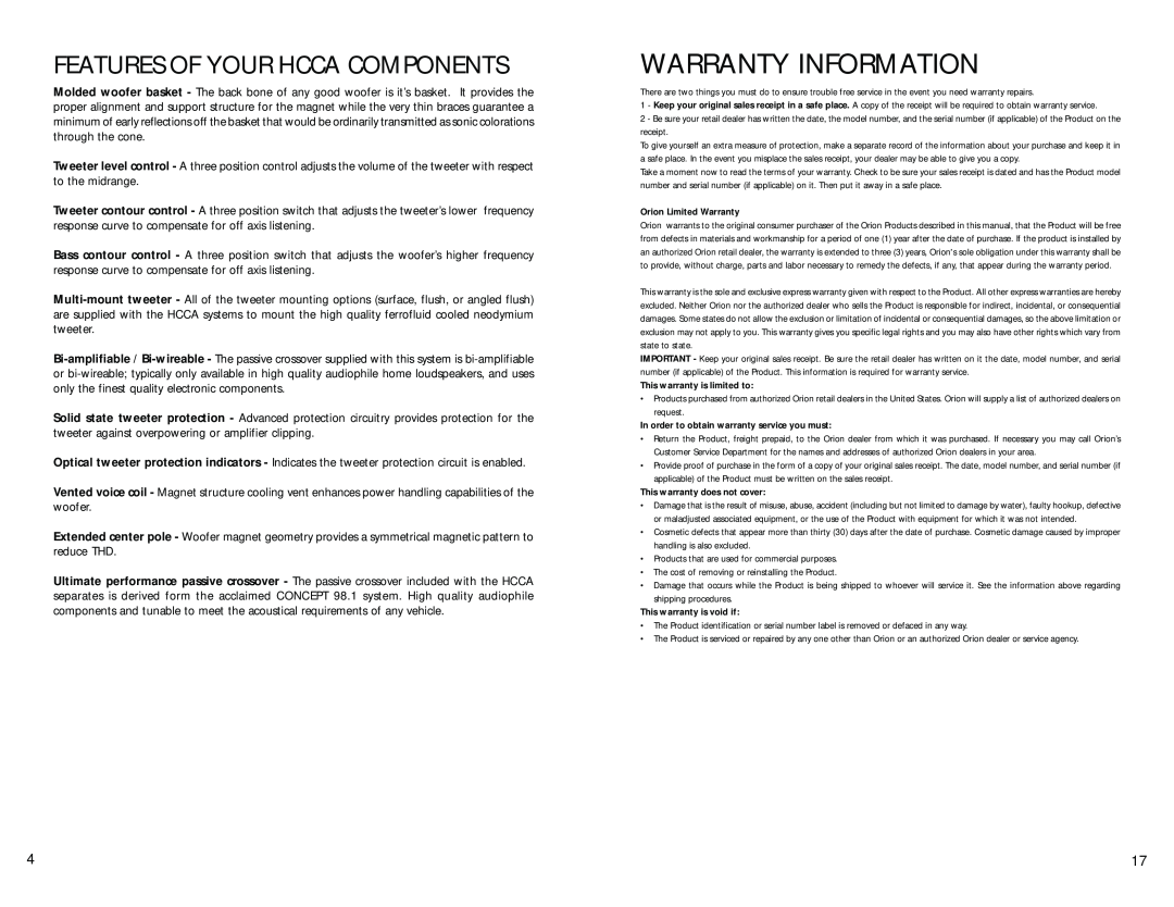Orion Car Audio Orion HCCA Competition manual Warranty Information, Features Of Your Hcca Components 