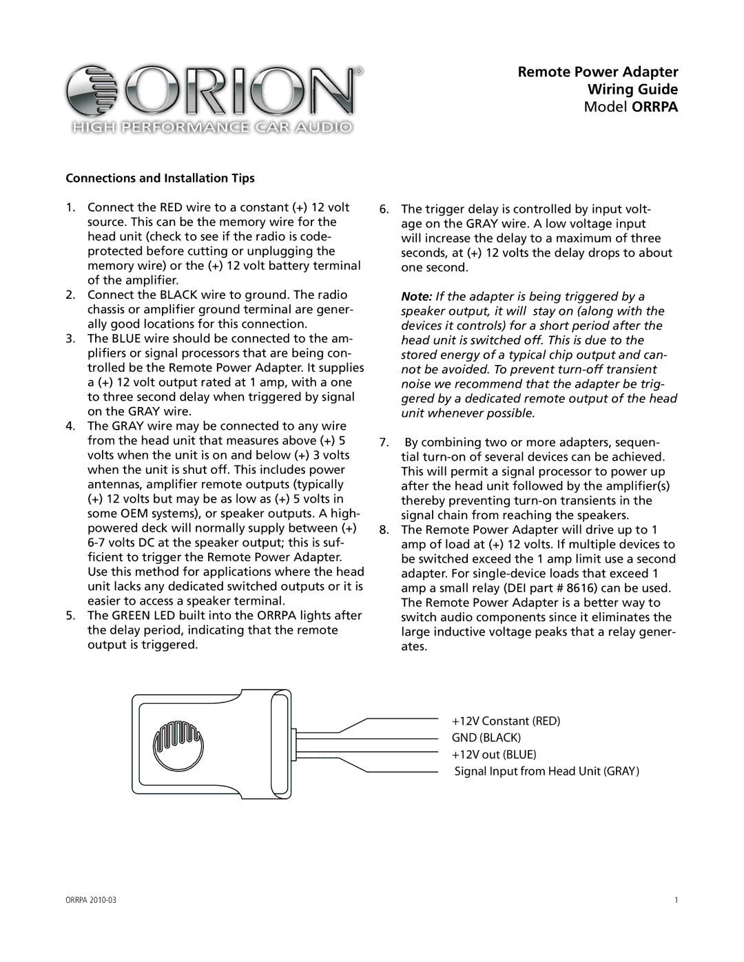 Orion Car Audio ORRPA manual Remote Power Adapter Wiring Guide, Model Orrpa, Connections and Installation Tips 