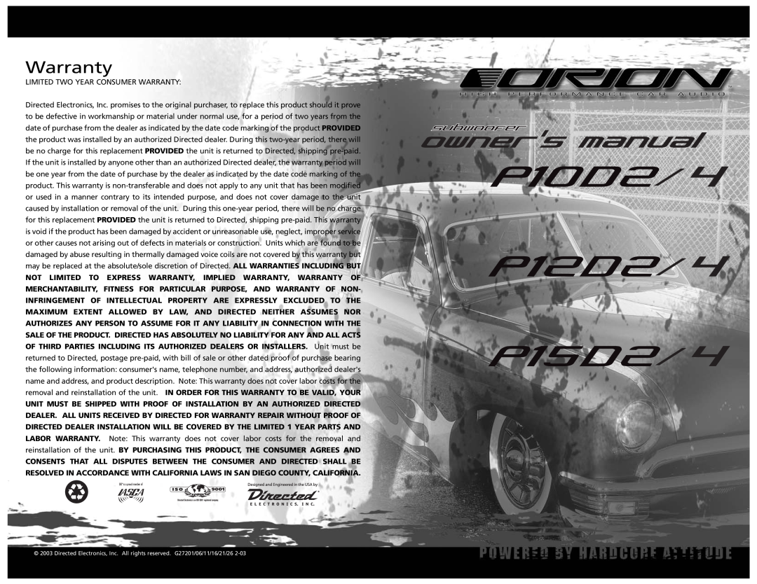 Orion Car Audio P15D2/4, P12D2/4, P10D2/4 manual Warranty 
