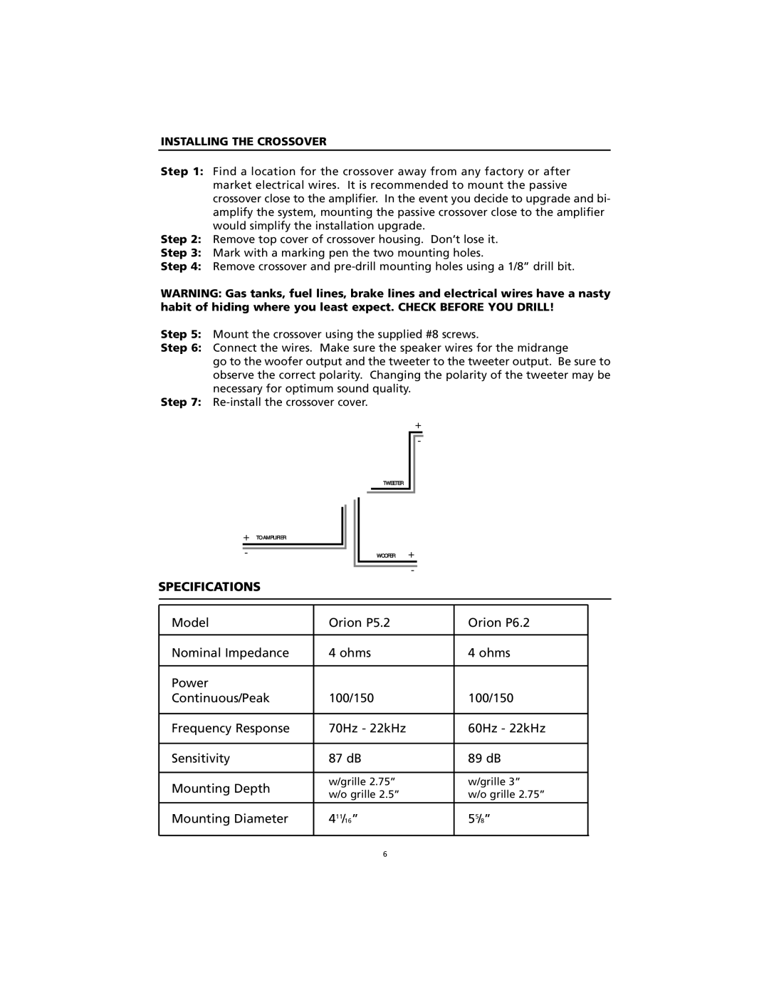 Orion Car Audio P5.2, P6.2 manual Specifications, Installing the Crossover 