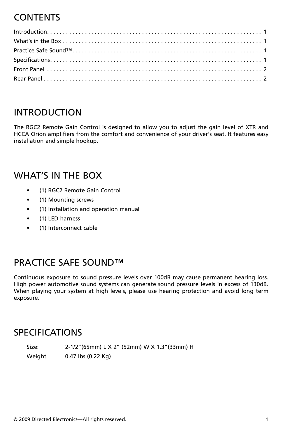 Orion Car Audio RGC2 owner manual Contents 