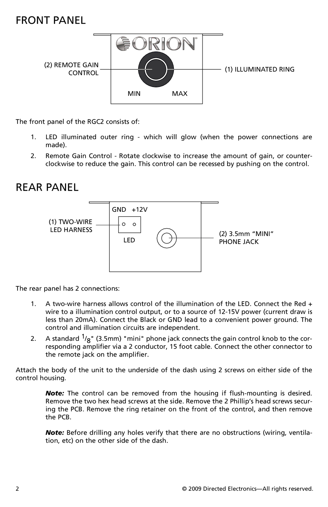 Orion Car Audio RGC2 owner manual Front Panel, Rear Panel 