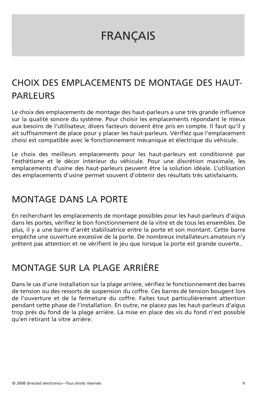 Orion Car Audio XTR1002 owner manual Français, Choix DES Emplacements DE Montage DES HAUT- Parleurs, Montage Dans LA Porte 