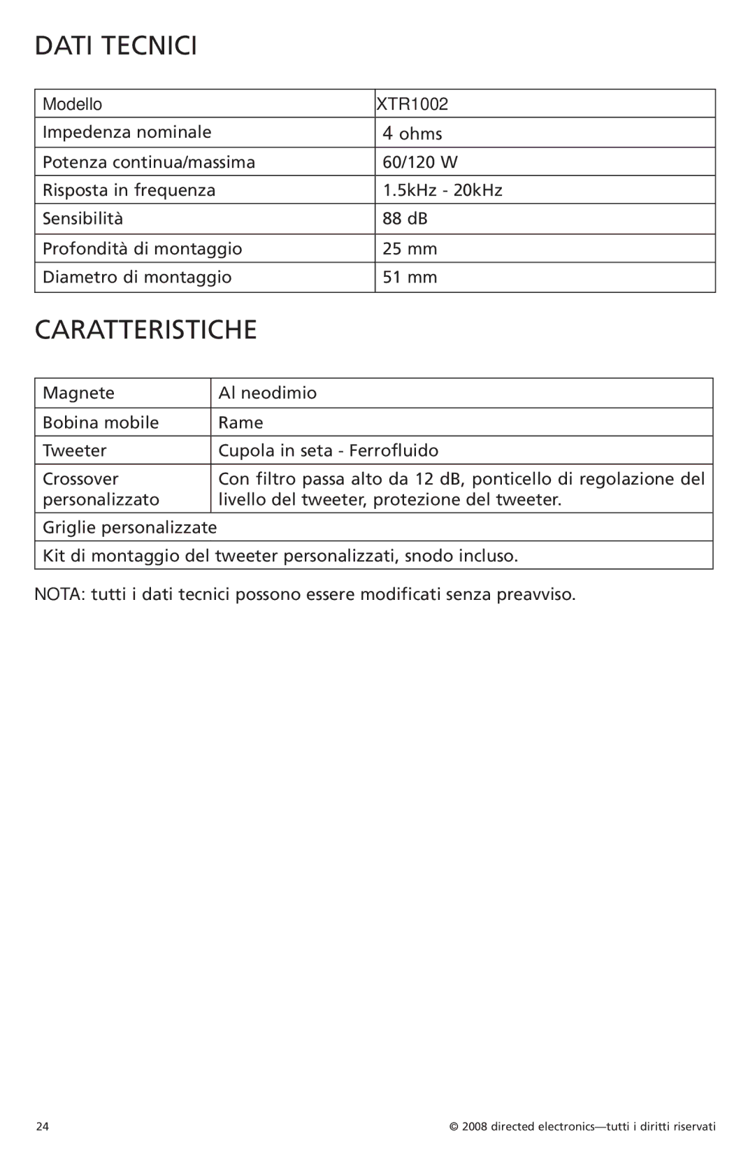 Orion Car Audio owner manual Dati Tecnici, Caratteristiche, Modello XTR1002 