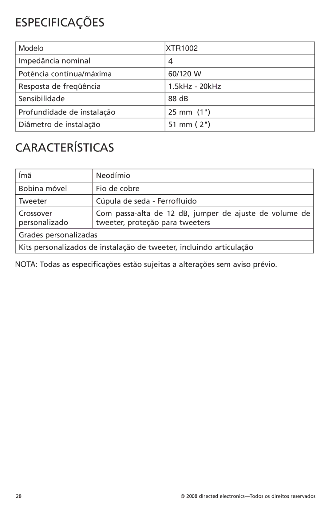 Orion Car Audio owner manual Especificações, Modelo XTR1002 