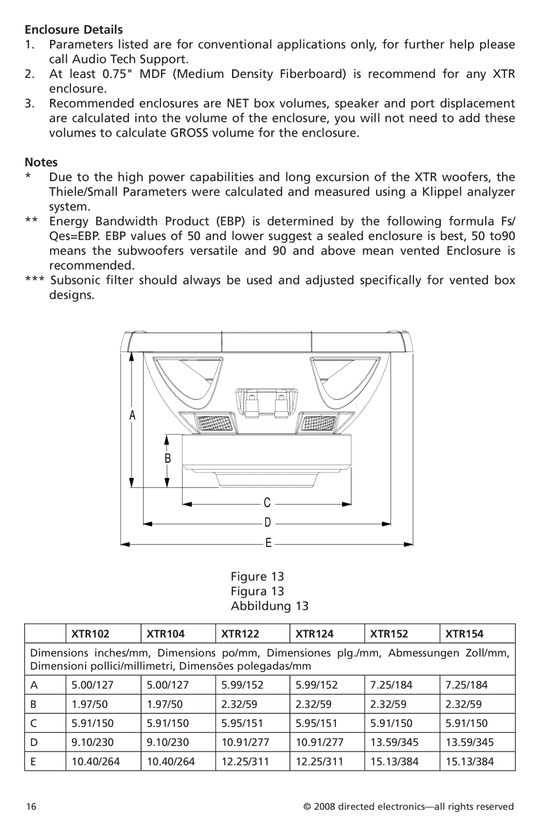 Orion Car Audio owner manual Enclosure Details, XTR102 XTR104 XTR122 XTR124 XTR152 XTR154 