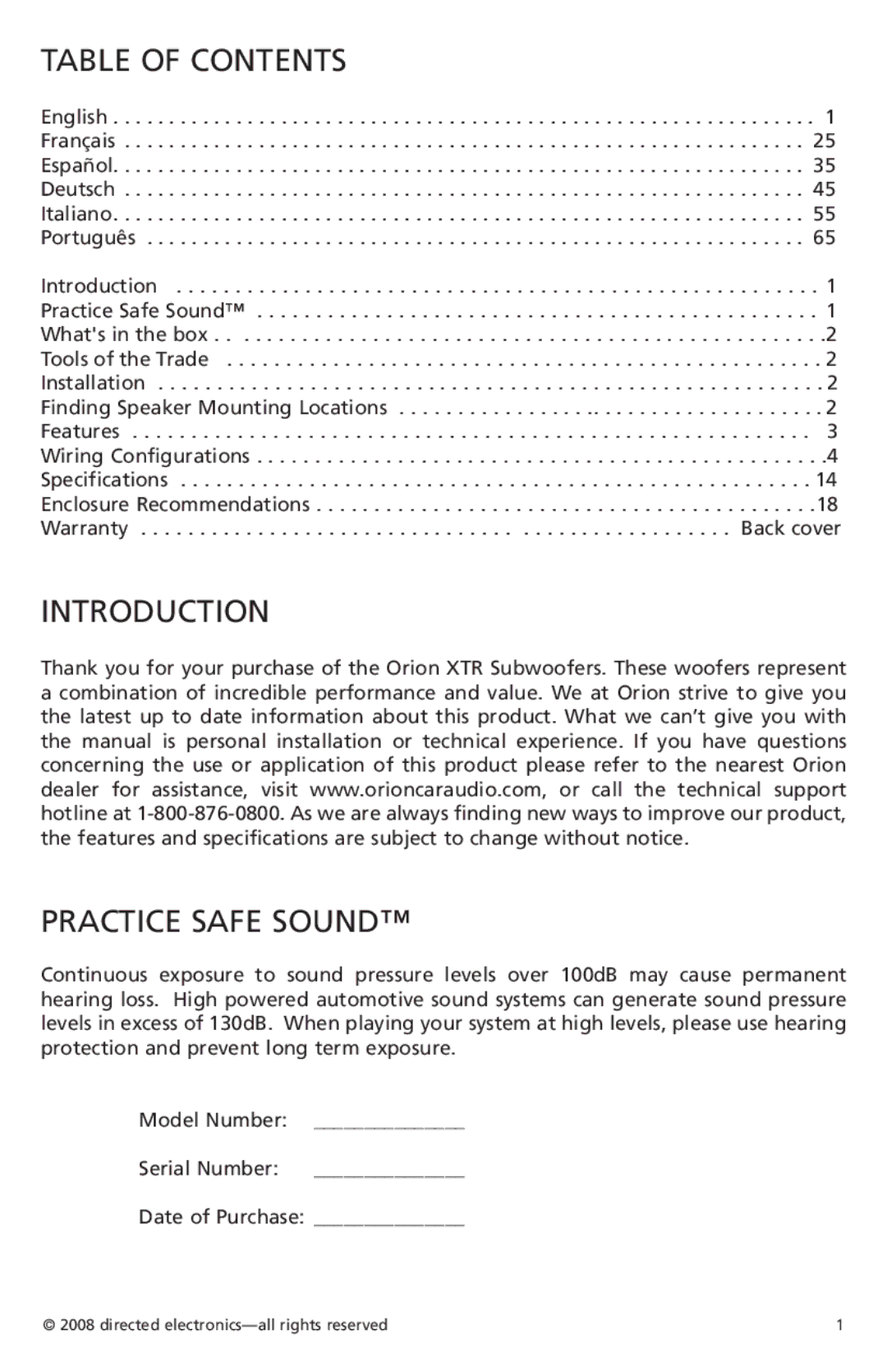 Orion Car Audio XTR152, XTR154, XTR122, XTR124, XTR104, XTR102 owner manual Table of Contents, Introduction Practice Safe Sound 