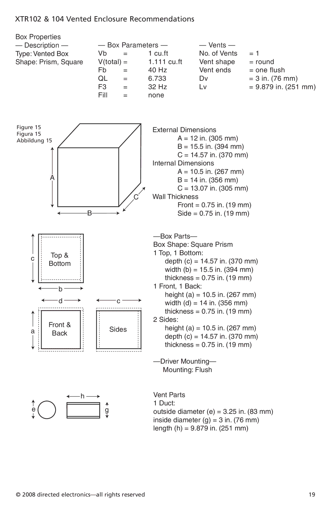 Orion Car Audio XTR152, XTR154, XTR122 XTR102 & 104 Vented Enclosure Recommendations, Description Box Parameters Vents 