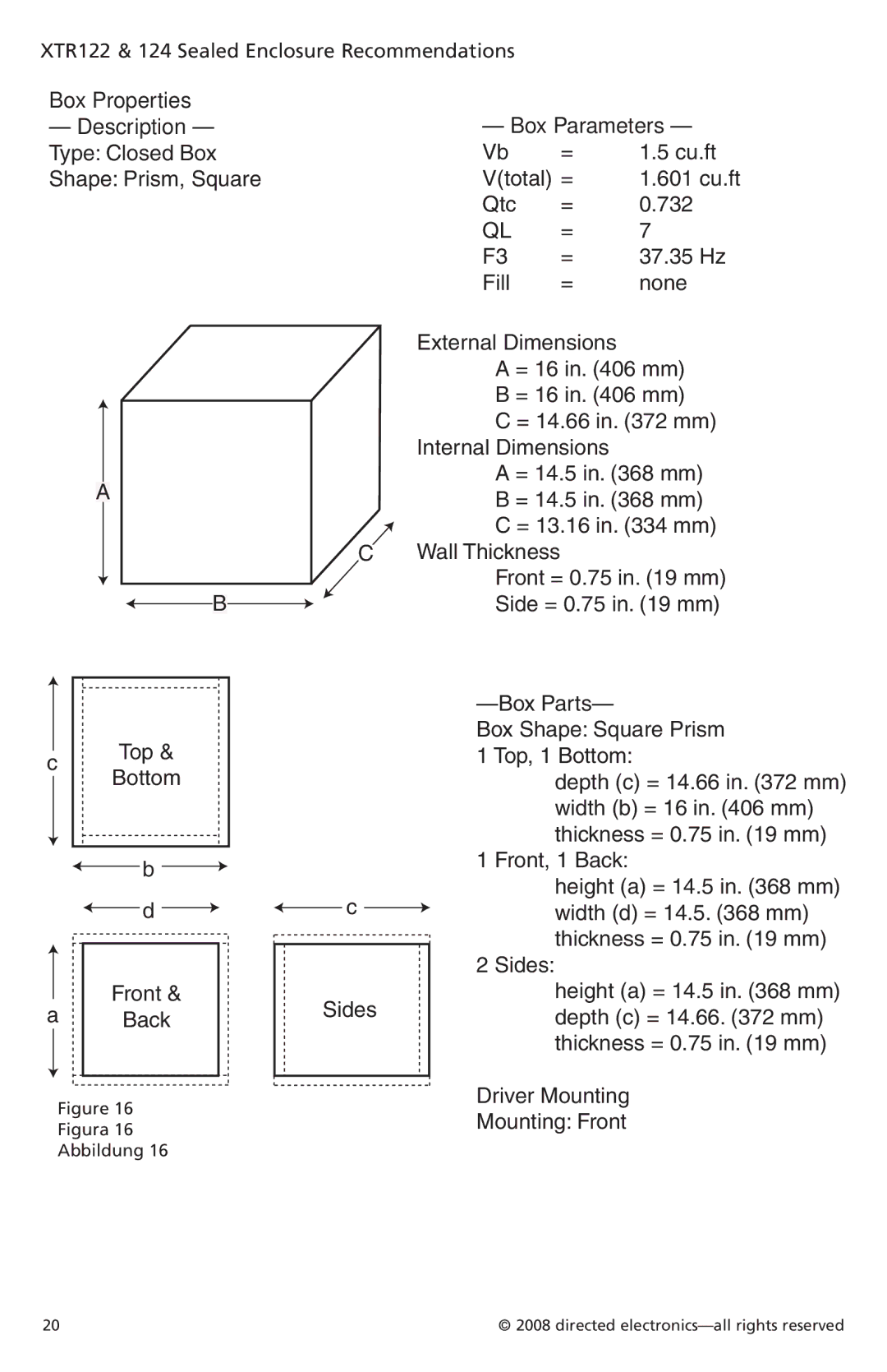 Orion Car Audio XTR124, XTR154, XTR152, XTR104, XTR102 Box Properties, XTR122 & 124 Sealed Enclosure Recommendations 