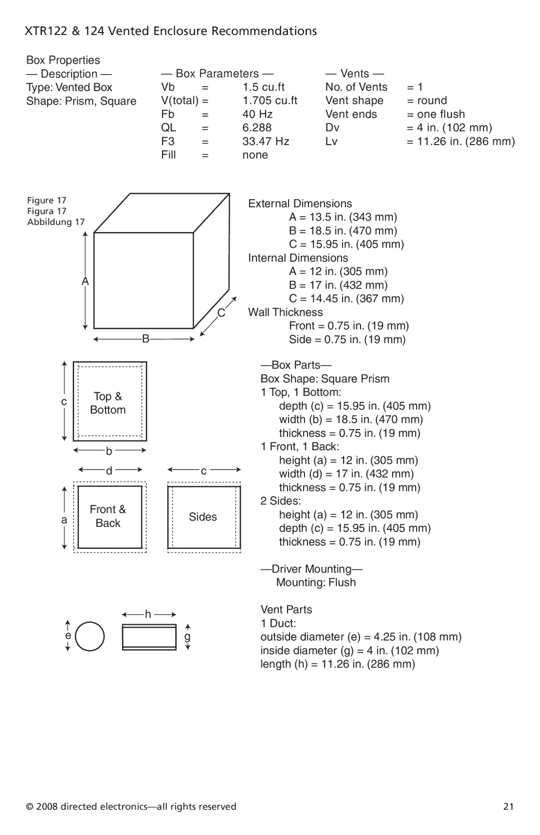 Orion Car Audio XTR104, XTR154, XTR152, XTR124, XTR102 owner manual XTR122 & 124 Vented Enclosure Recommendations 