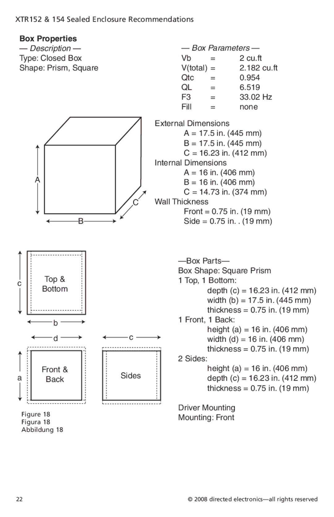 Orion Car Audio XTR102, XTR154, XTR122, XTR124 Driver Mounting Mounting Front, XTR152 & 154 Sealed Enclosure Recommendations 