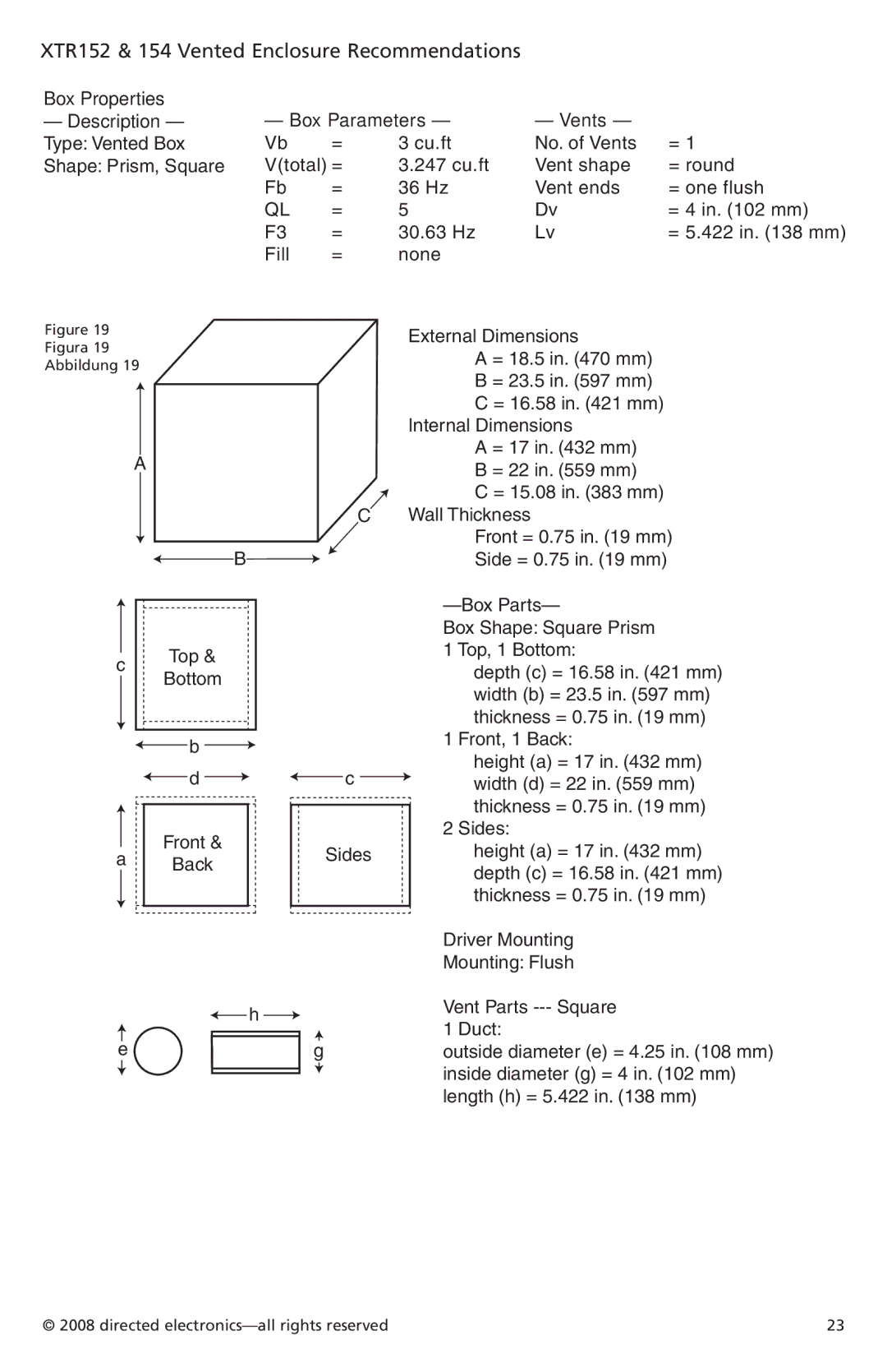 Orion Car Audio XTR154, XTR122, XTR124, XTR104, XTR102 owner manual XTR152 & 154 Vented Enclosure Recommendations 