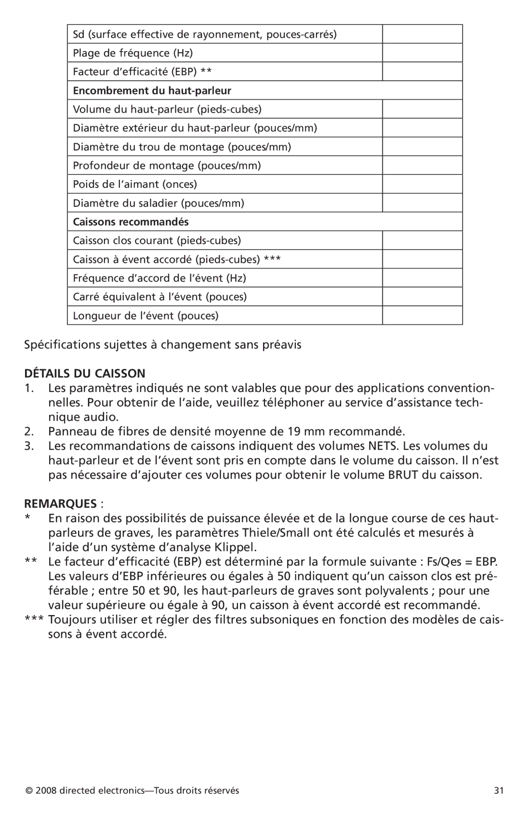 Orion Car Audio XTR122, XTR154, XTR152 Spécifications sujettes à changement sans préavis, Encombrement du haut-parleur 