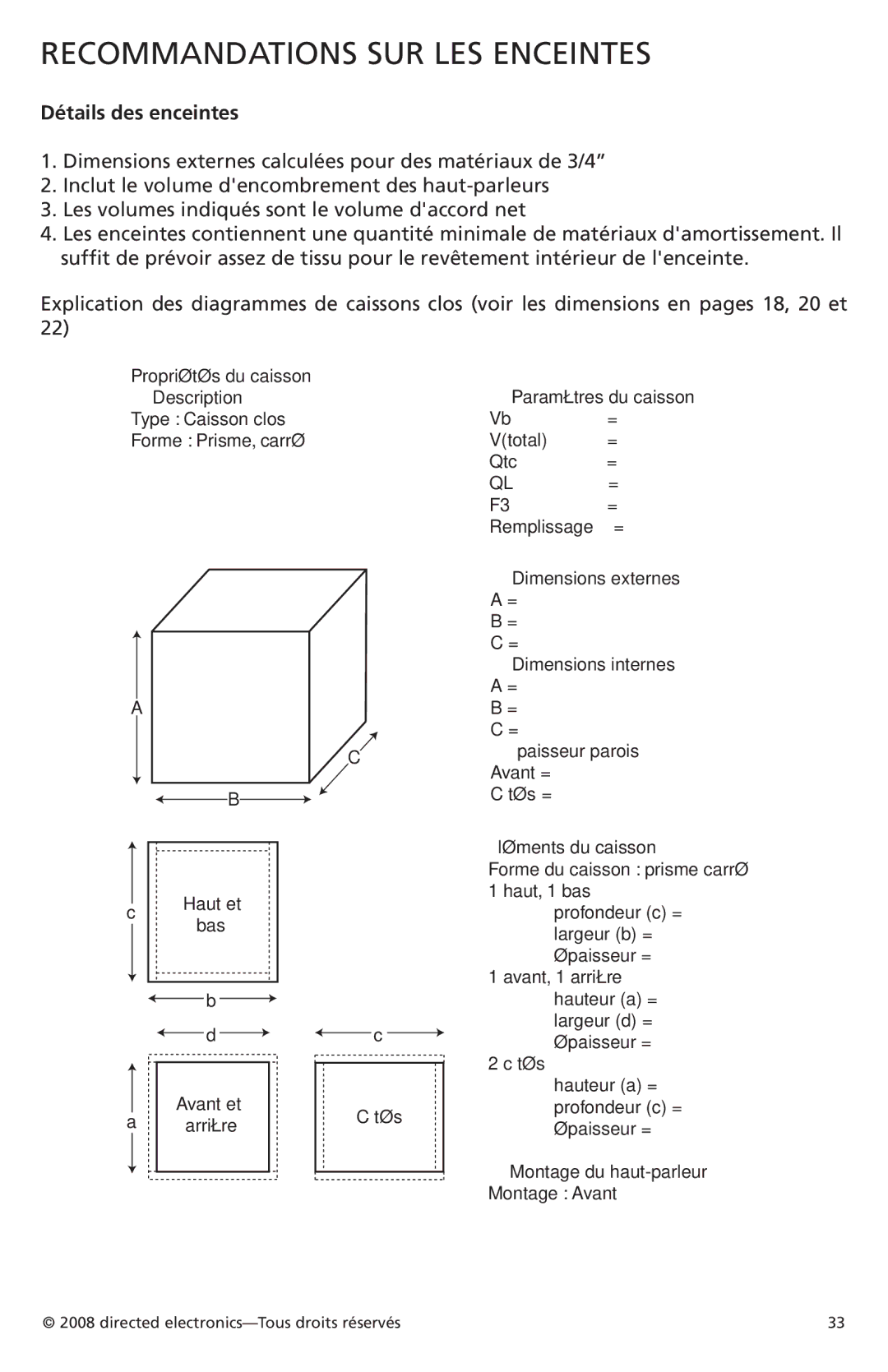 Orion Car Audio XTR124, XTR154, XTR122, XTR152, XTR104, XTR102 Recommandations SUR LES Enceintes, Détails des enceintes 