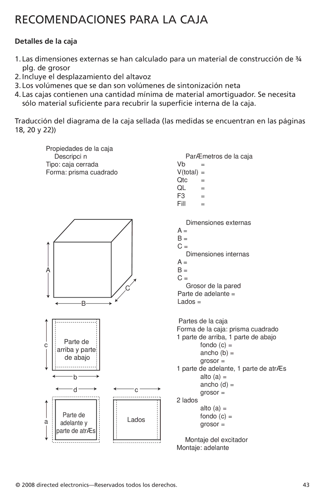 Orion Car Audio XTR122, XTR154, XTR152, XTR124, XTR104, XTR102 owner manual Recomendaciones Para LA Caja, Detalles de la caja 