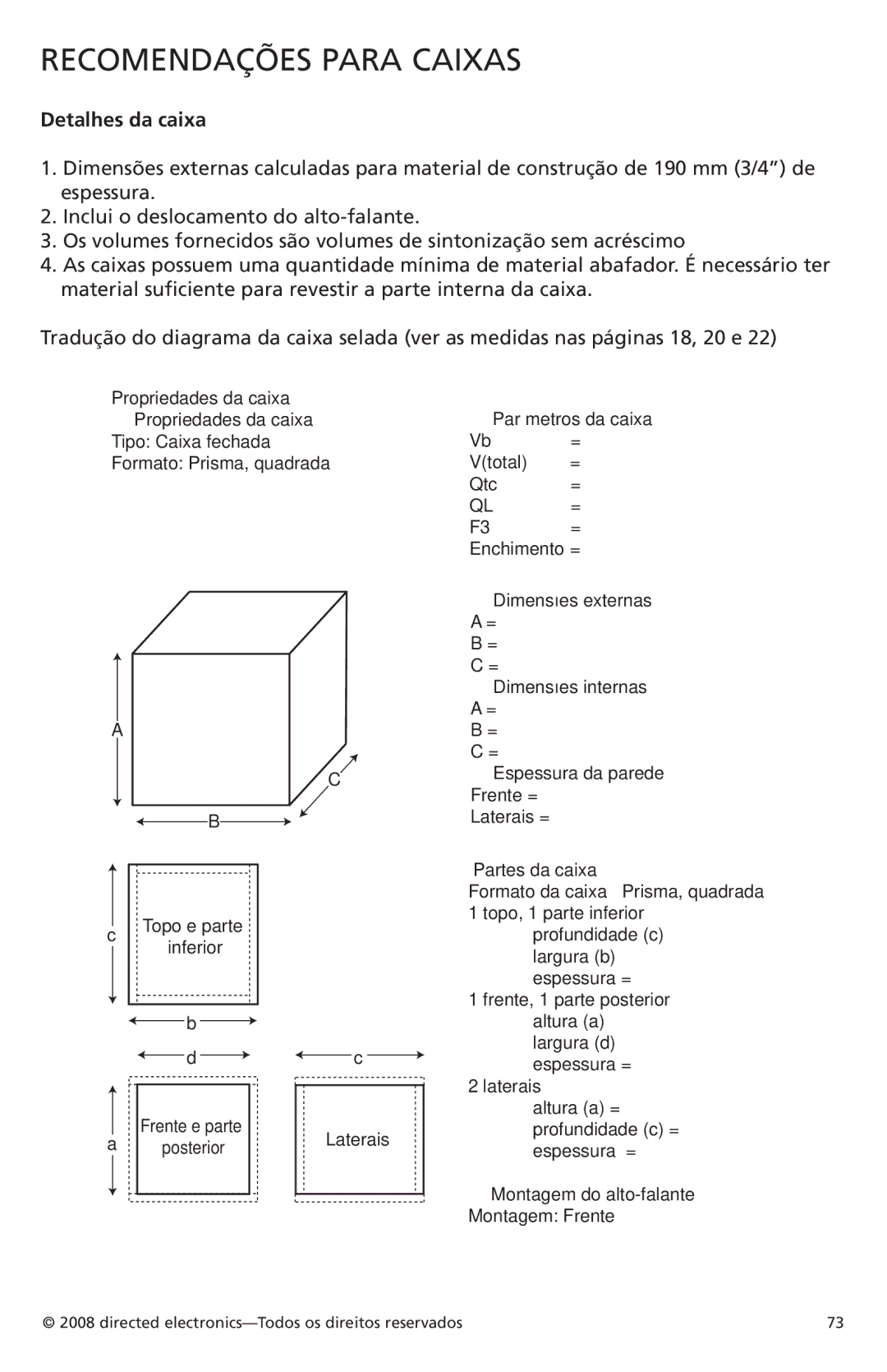 Orion Car Audio XTR122, XTR154, XTR152, XTR124, XTR104, XTR102 owner manual Recomendações Para Caixas, Detalhes da caixa 