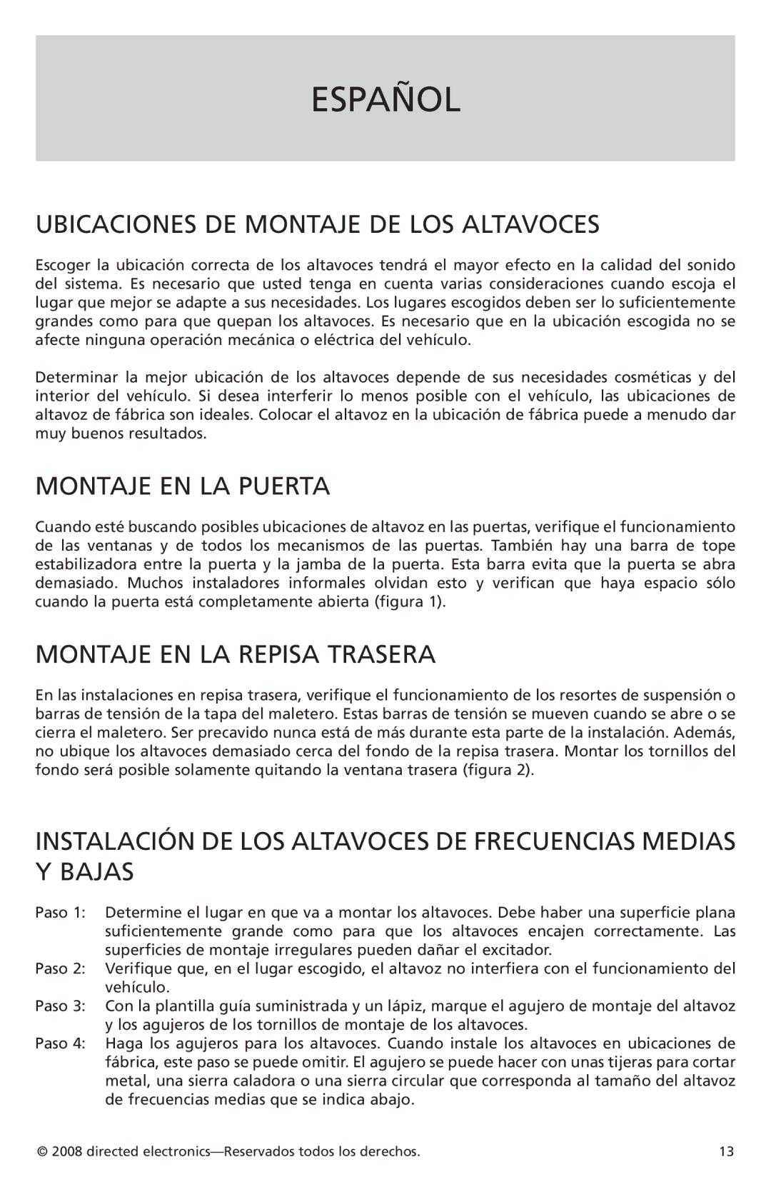 Orion Car Audio XTR52 Español, Ubicaciones DE Montaje DE LOS Altavoces, Montaje EN LA Puerta, Montaje EN LA Repisa Trasera 