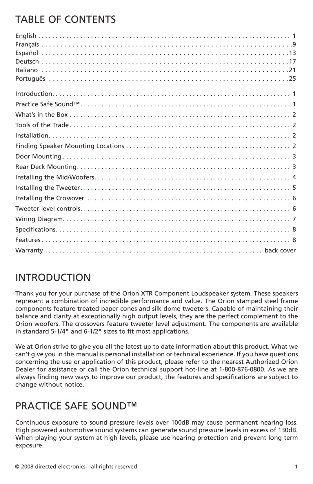 Orion Car Audio XTR62, XTR52 owner manual Table of Contents, Introduction, Practice Safe Sound 