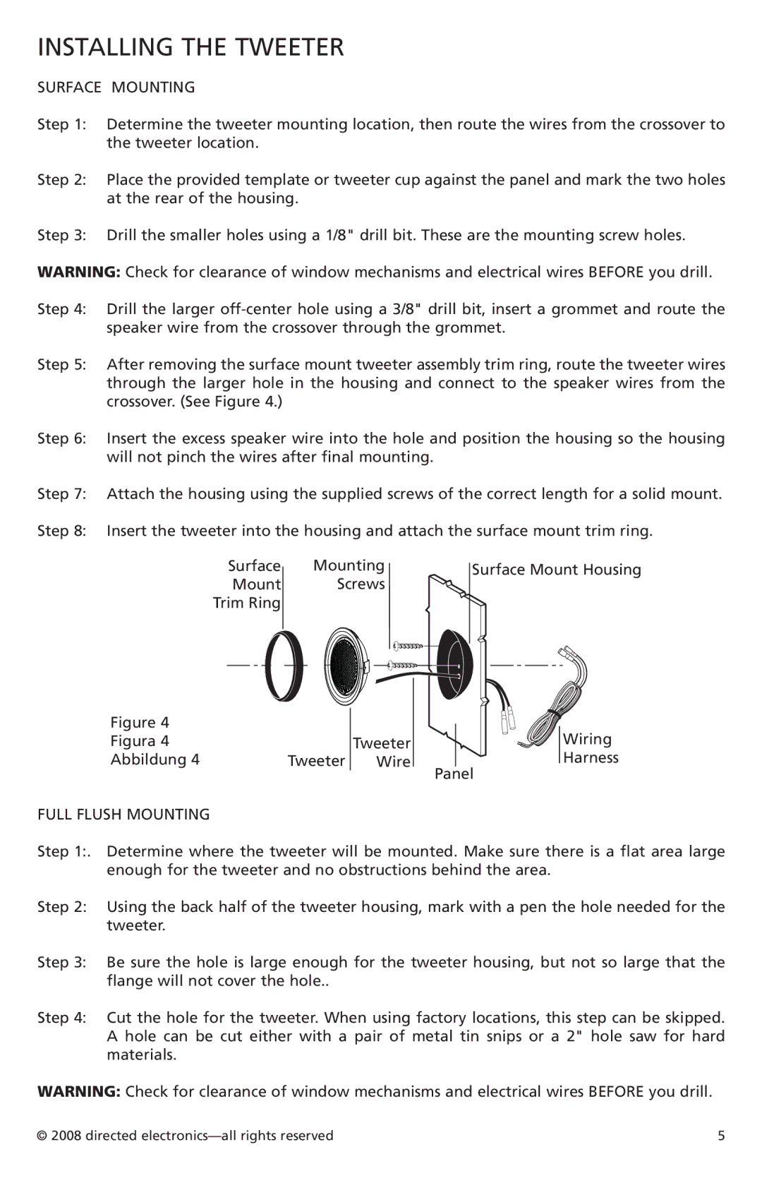 Orion Car Audio XTR62, XTR52 owner manual Installing the Tweeter, Surface Mounting, Full Flush Mounting 