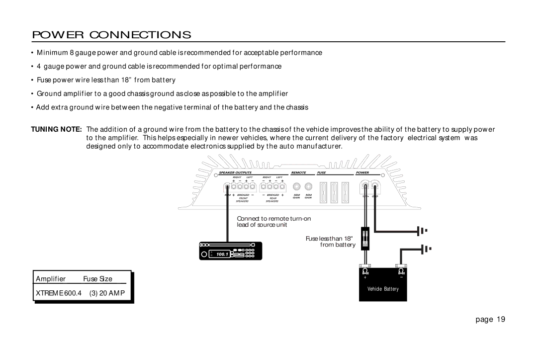 Orion Car Audio XTREME 600.4 owner manual Power Connections, Size Xtreme 20 AMP 