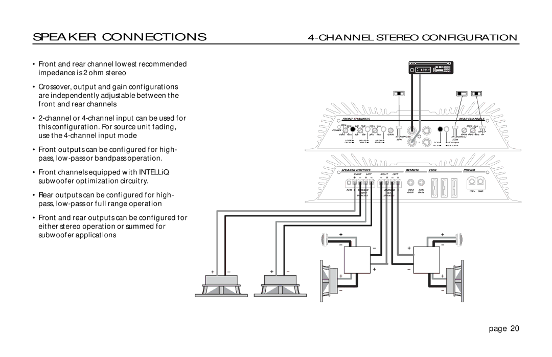 Orion Car Audio XTREME 600.4 owner manual Speaker Connections, Channel Stereo Configuration 