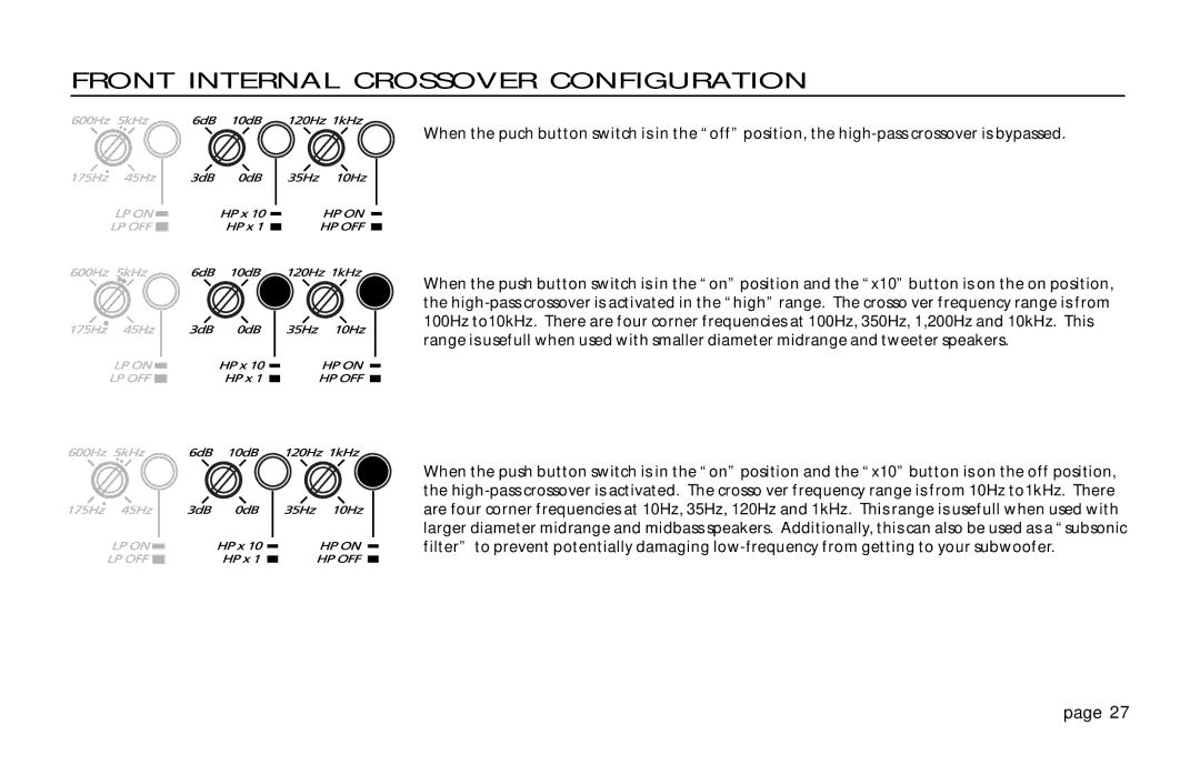 Orion Car Audio XTREME 600.4 owner manual Front Internal Crossover Configuration 