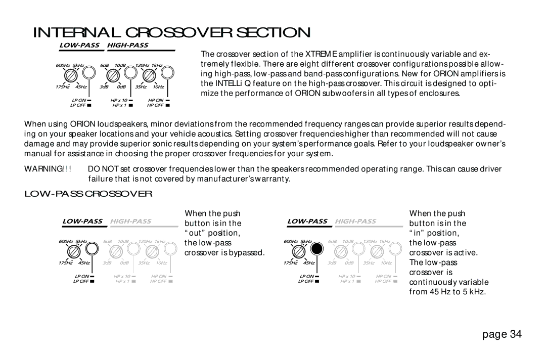 Orion Car Audio XTREME 400, XTREME 800, XTREME 1200, XTREME 300 owner manual Internal Crossover Section, LOW-PASS Crossover 