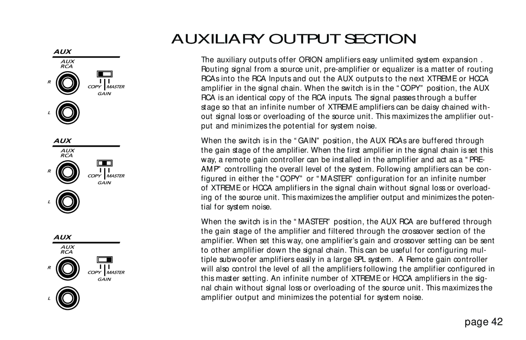 Orion Car Audio XTREME 400, XTREME 800, XTREME 1200, XTREME 300 owner manual Auxiliary Output Section 