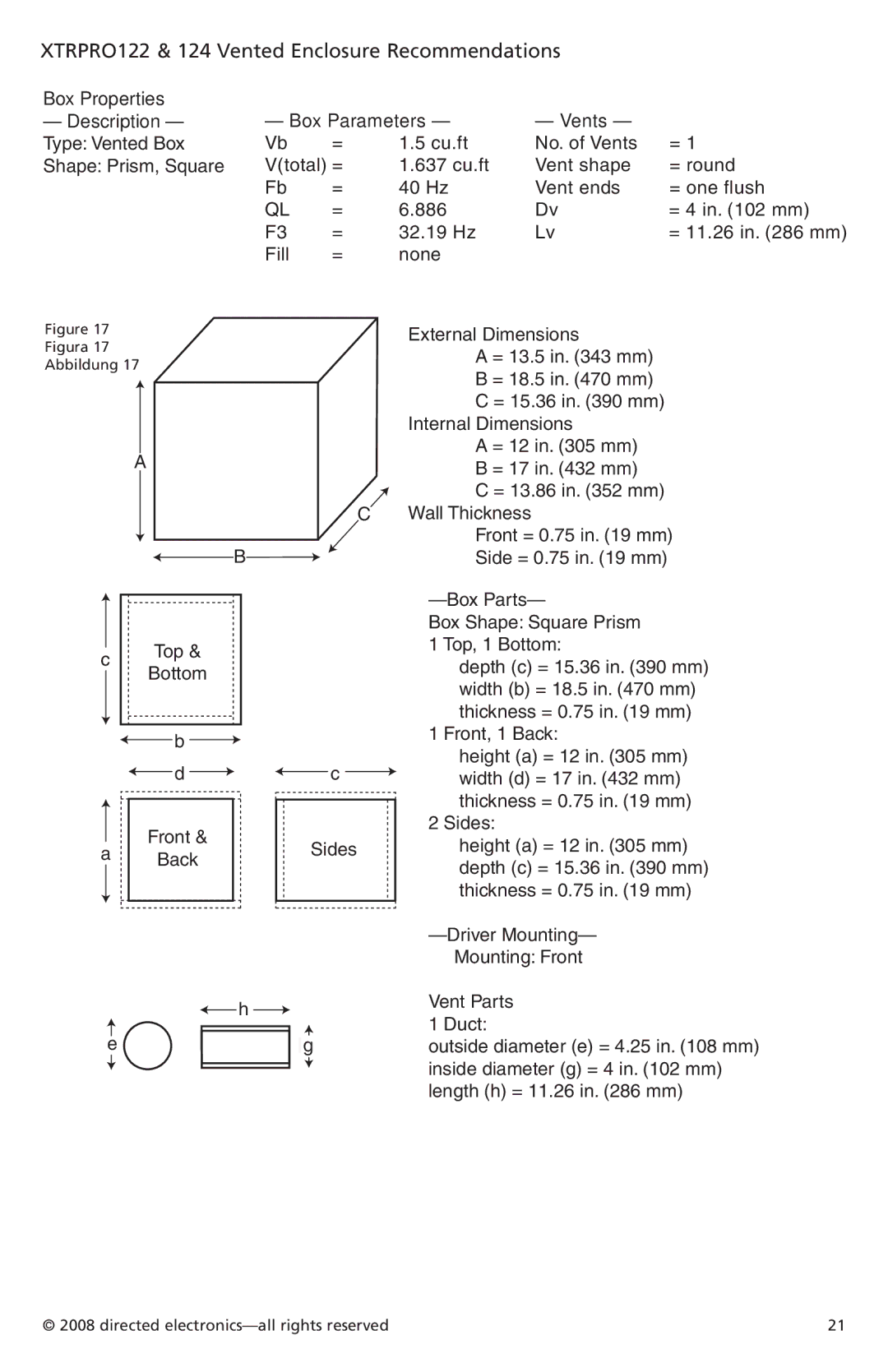 Orion Car Audio XTRPRO154, XTRPRO152, XTRPRO124, XTRPRO102, XTRPRO104 XTRPRO122 & 124 Vented Enclosure Recommendations 