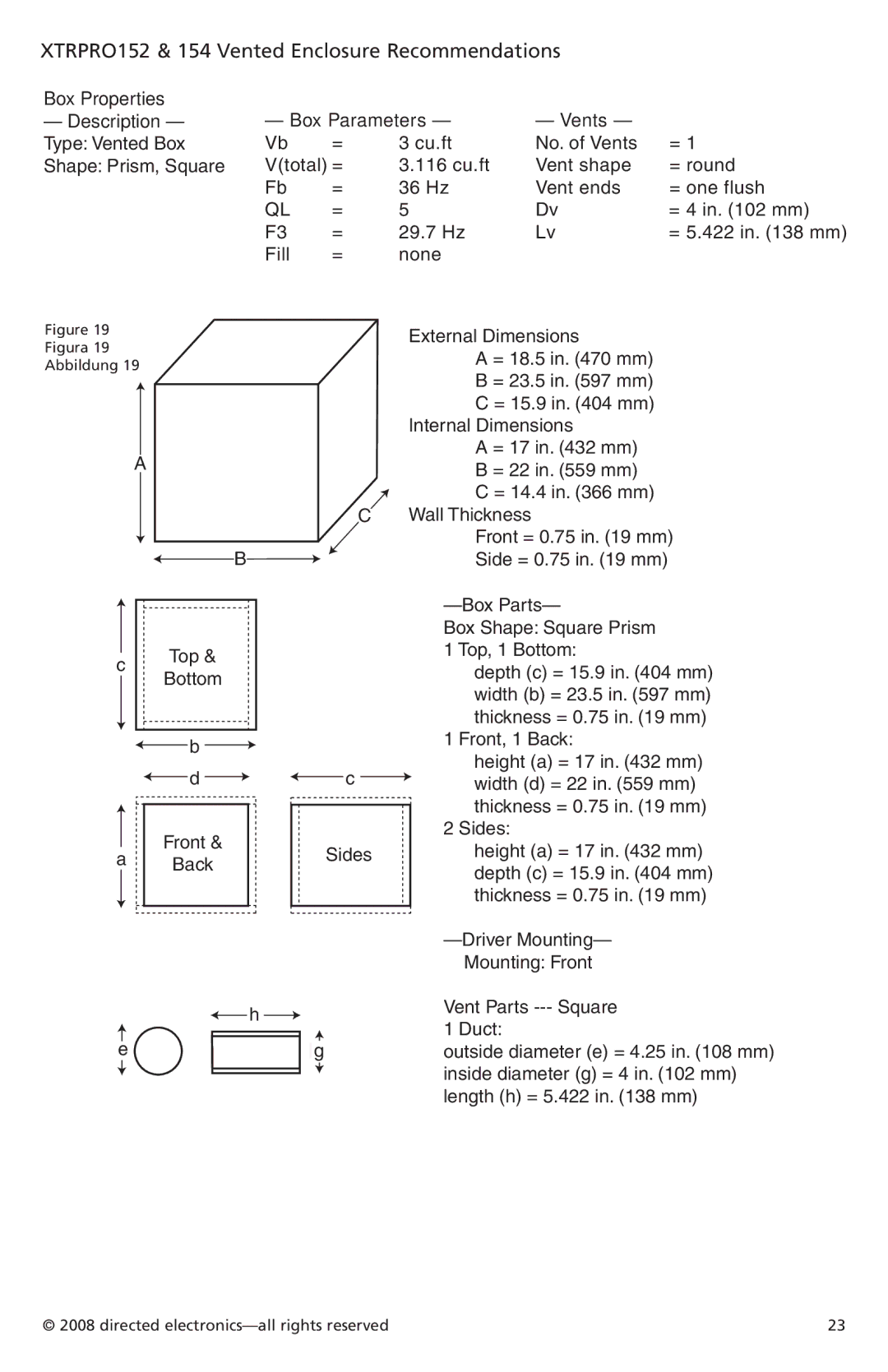 Orion Car Audio XTRPRO154, XTRPRO124, XTRPRO102, XTRPRO122, XTRPRO104 XTRPRO152 & 154 Vented Enclosure Recommendations 