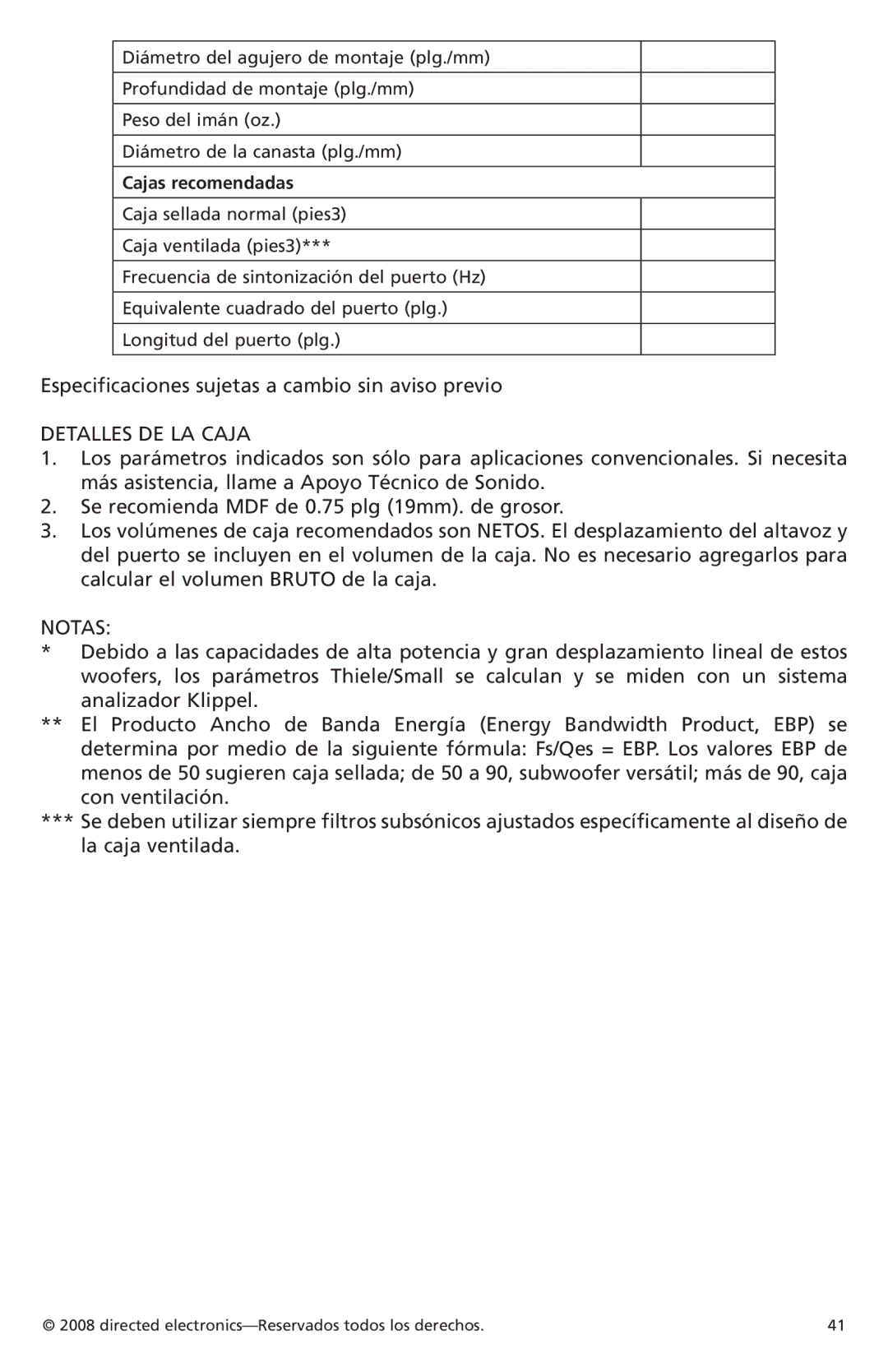 Orion Car Audio XTRPRO104, XTRPRO154, XTRPRO152 Especificaciones sujetas a cambio sin aviso previo, Cajas recomendadas 